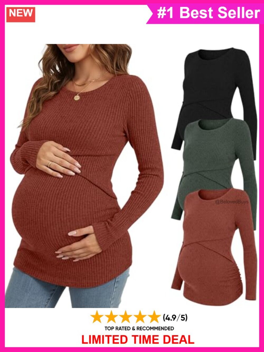 Maternity Nursing Tops 3 Pack Long Sleeve Ribbed Knit Breastfeeding Shirt